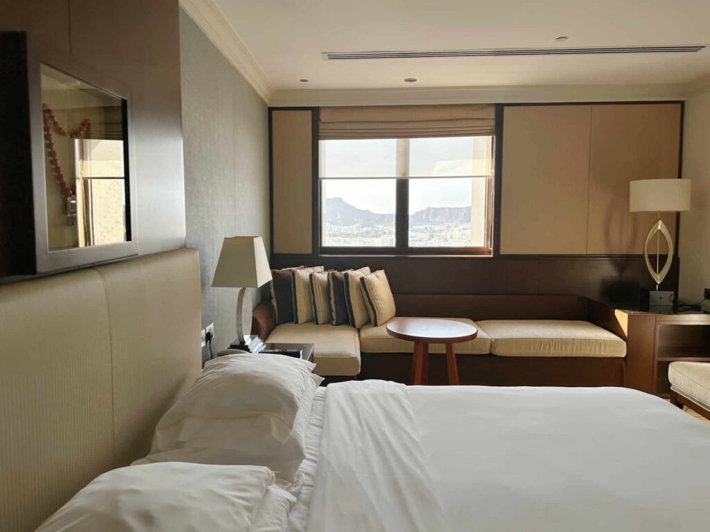 Club Room at the Sheraton Muscat hotel in Ruwi. The View is across the be and towards the window through which you can see the outline of the Hajar Mountains