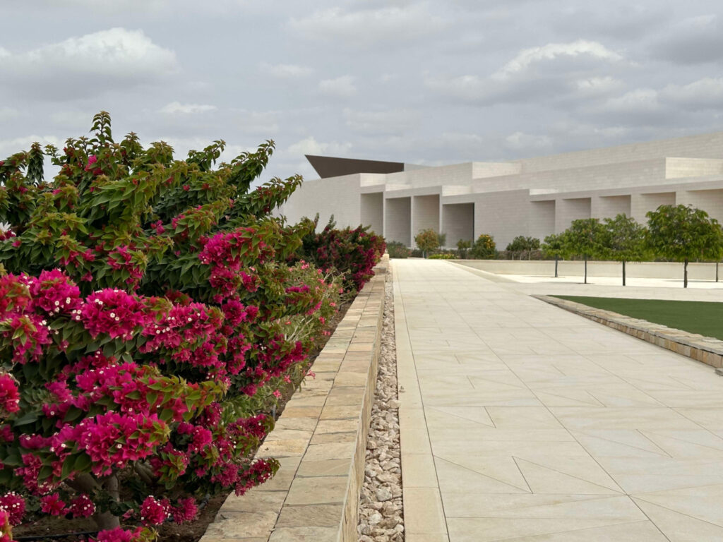 Bright pink flowers in the gardens outside Oman Across the Ages Museum