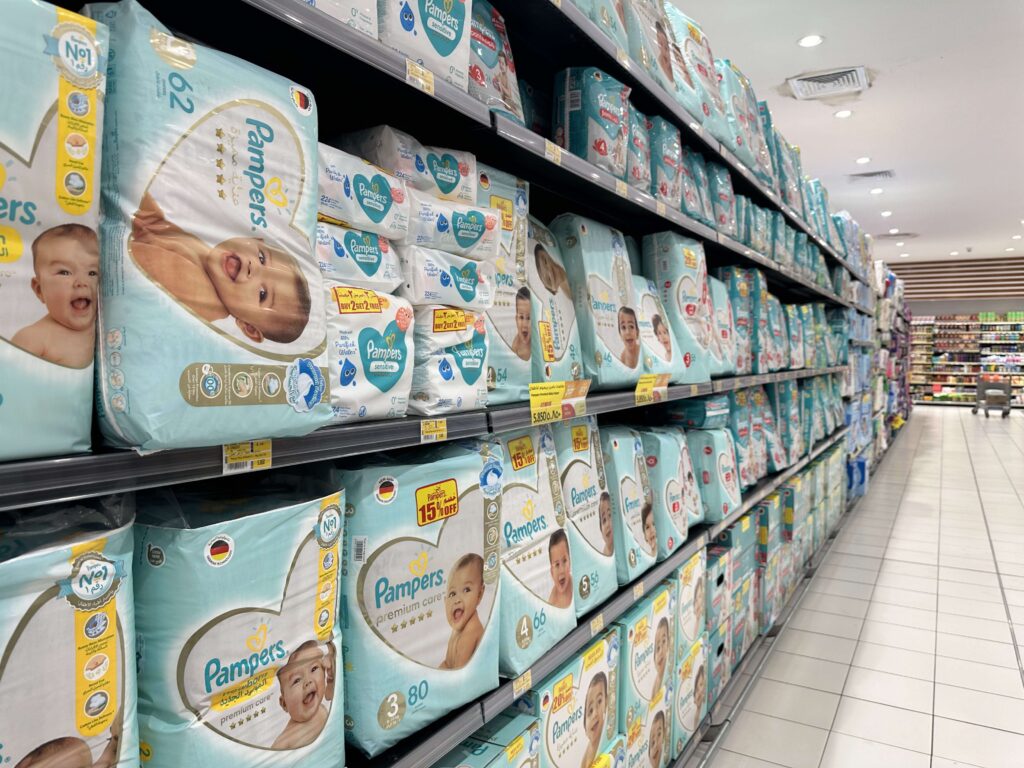 A supermarket aisle full of nappies