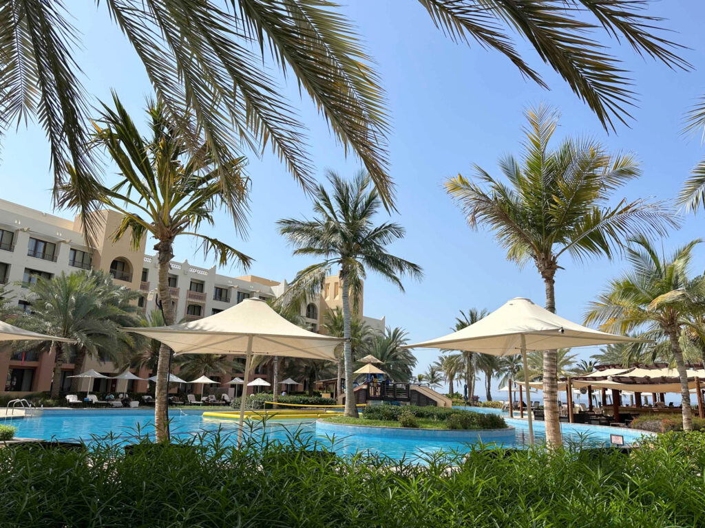 A view across the pool area at Shangrila Al Waha in Muscat, Oman