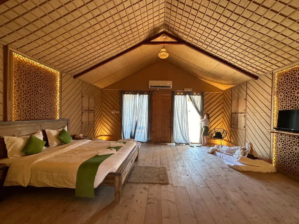 Inside a SAMA Ras Al Jinz Luxury Eco Lodge were is a large double bed and lots of space