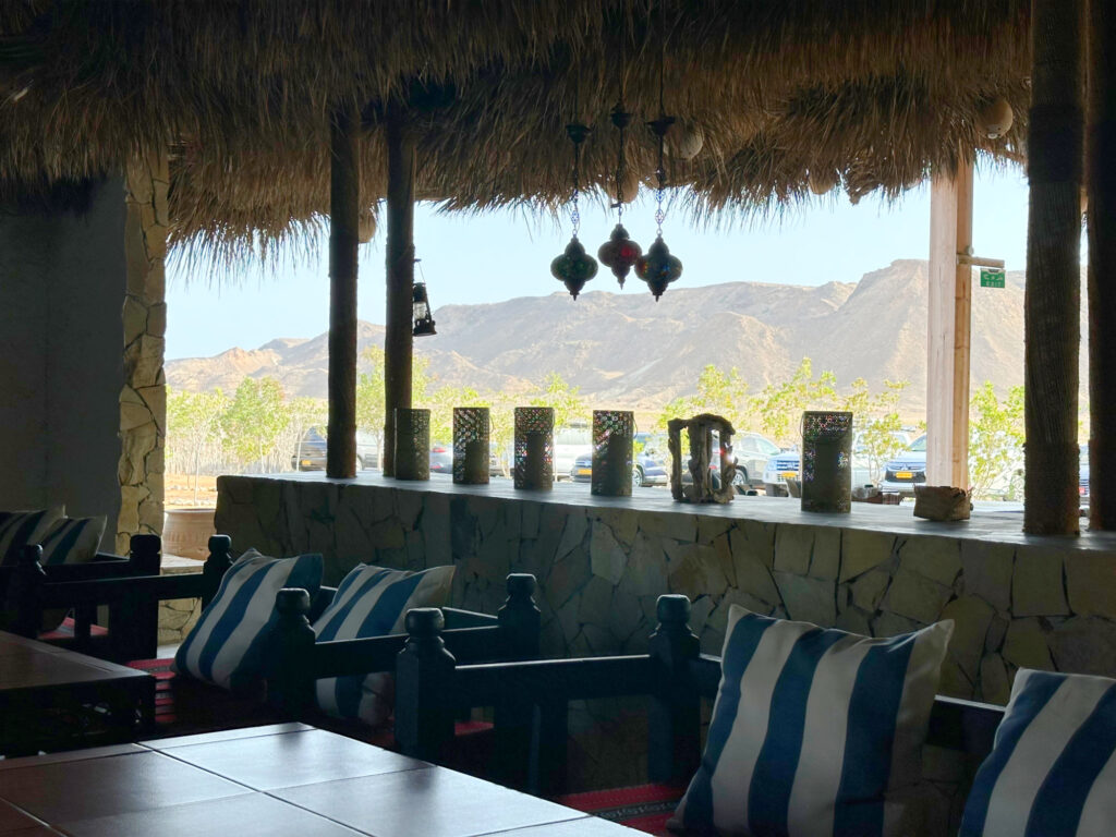 The restaurant at SAMA Ras Al Jinz Resort. You can see a view of mountains