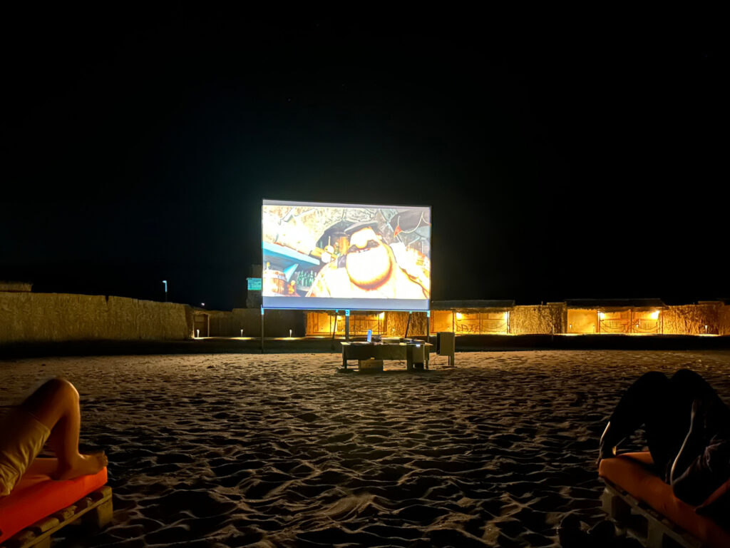 Outdoor film screen at night