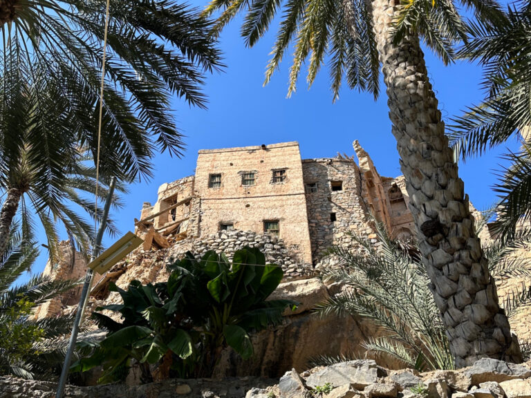 An old mud brick building seen through the palms at Misfat Al Abriyeen mountain village in Oman