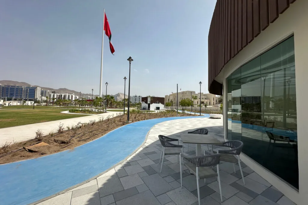 Levels Garden cafe in Al Khuwair Square with the flagpole and gardens in the background
