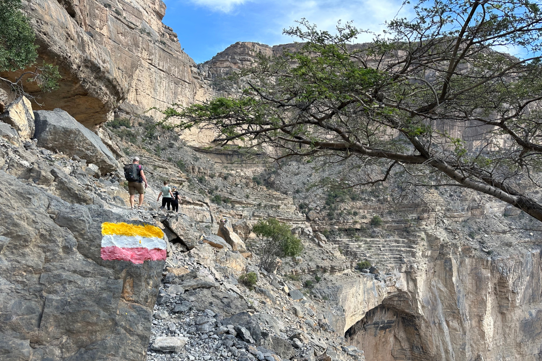 My family walking the path along Oman's Grand Canyon. There is a cliff to their left and a canyon drop to their right. The path is narrow and rocky