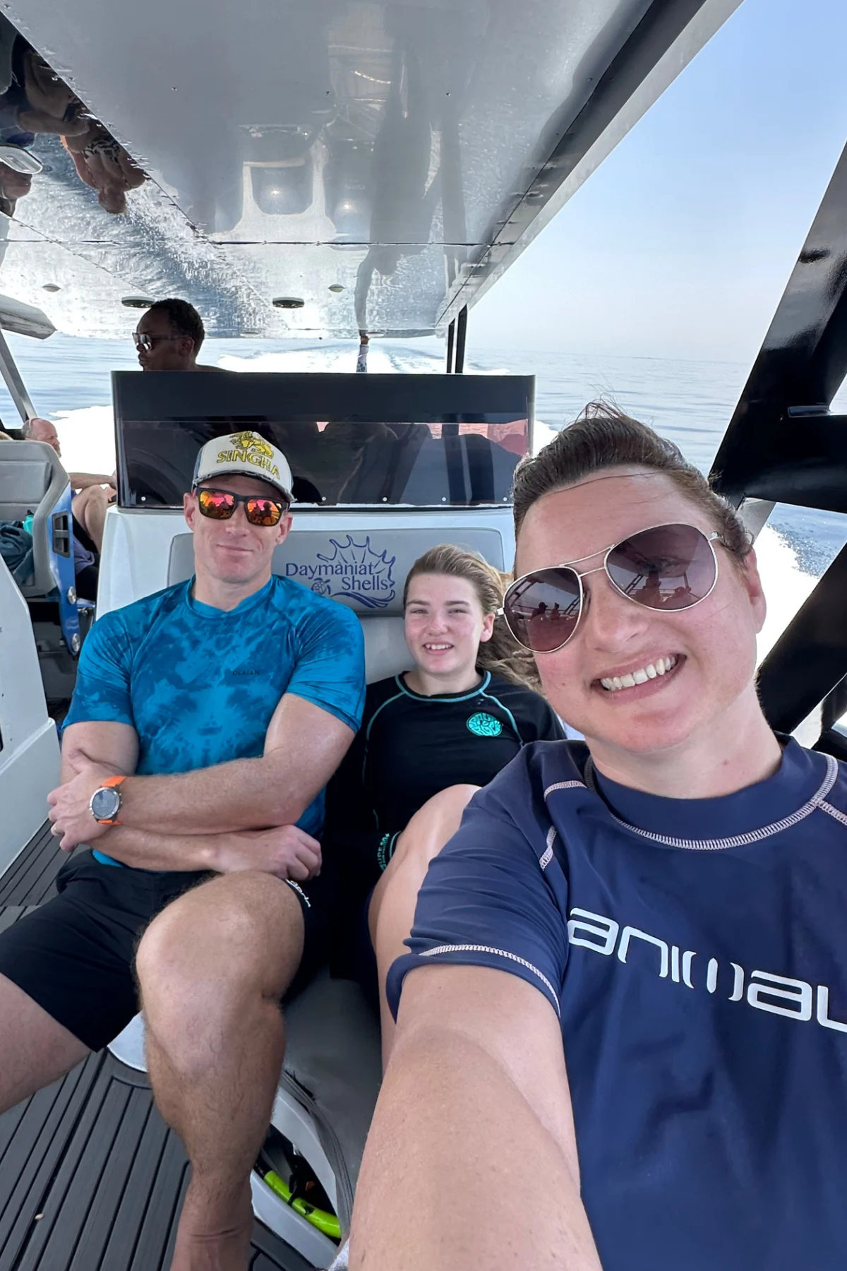 My husband, daughter and I on the Daymaniat Shells boat on our way to the Daymaniat Islands