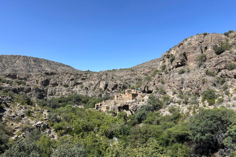 A view of abandoned homes of Bani Habib on the side of a valley on Jebel Akhdar