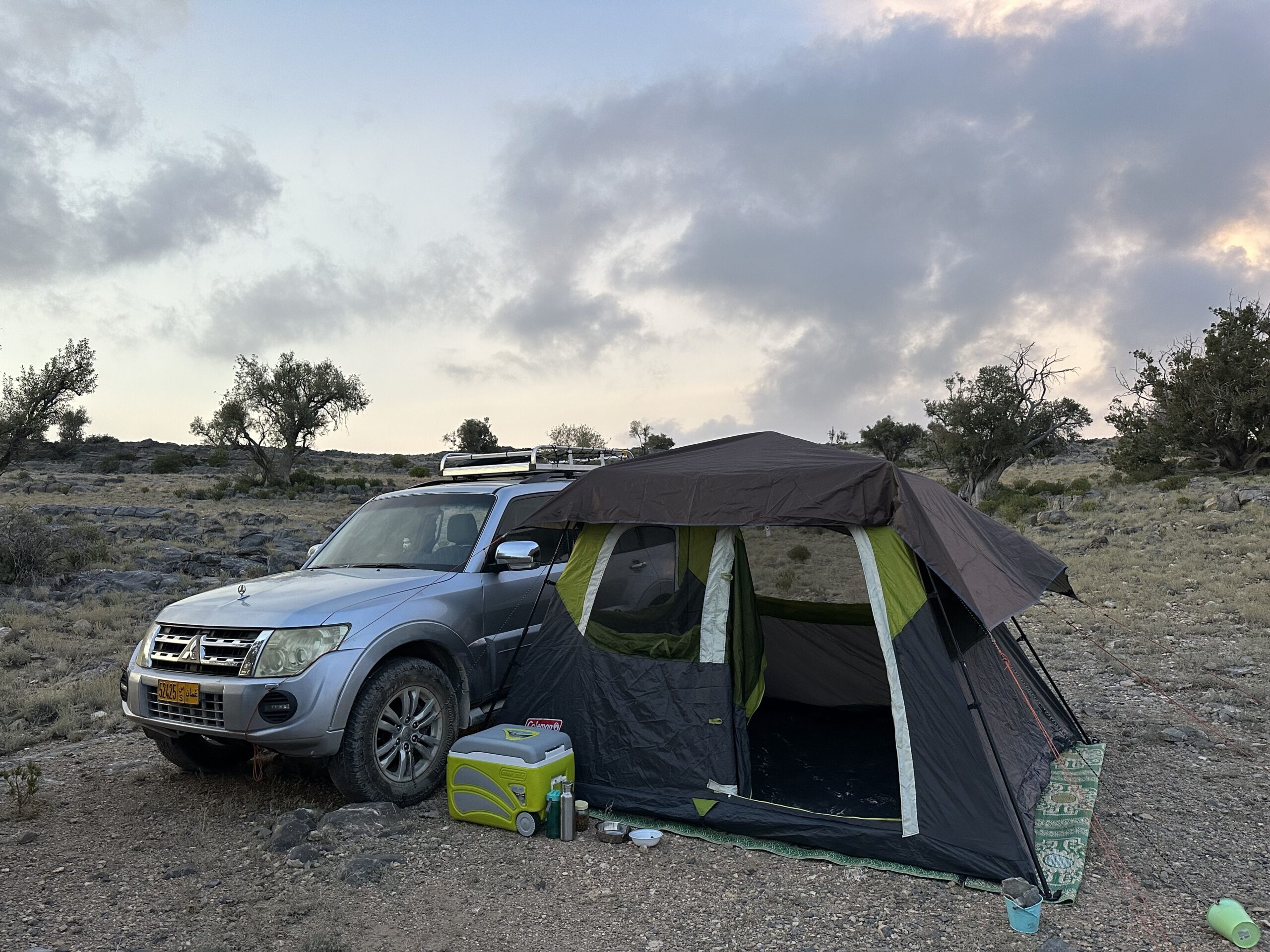 Our tent and Pajero at a camping spot on Jebel Akhdar