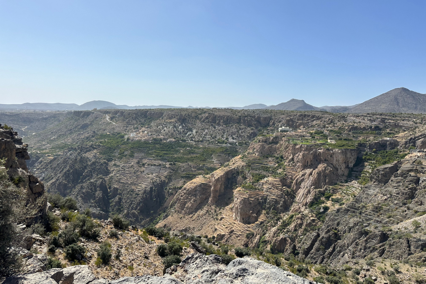 Terraced farms along a deep valley on Jebel Akhdar seen from the view point made famous by Princess Diana during her visit to Oman 