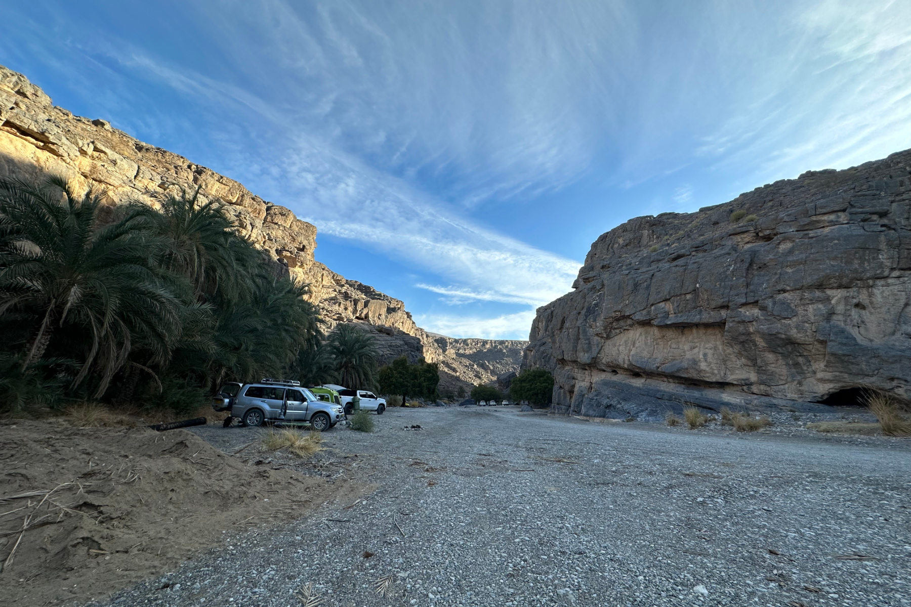 Our car in the gravel car park at the end of Wadi Damm. Behind it we have pitched our tent