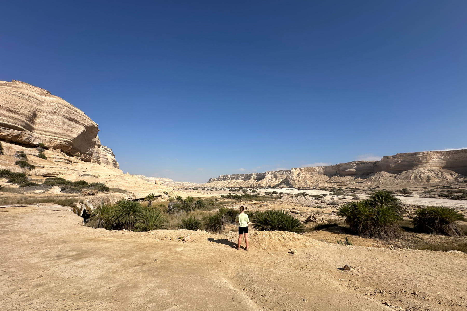 Our daughter stood in front of a view of a wide canyon at Wadi Schwaymiyyah