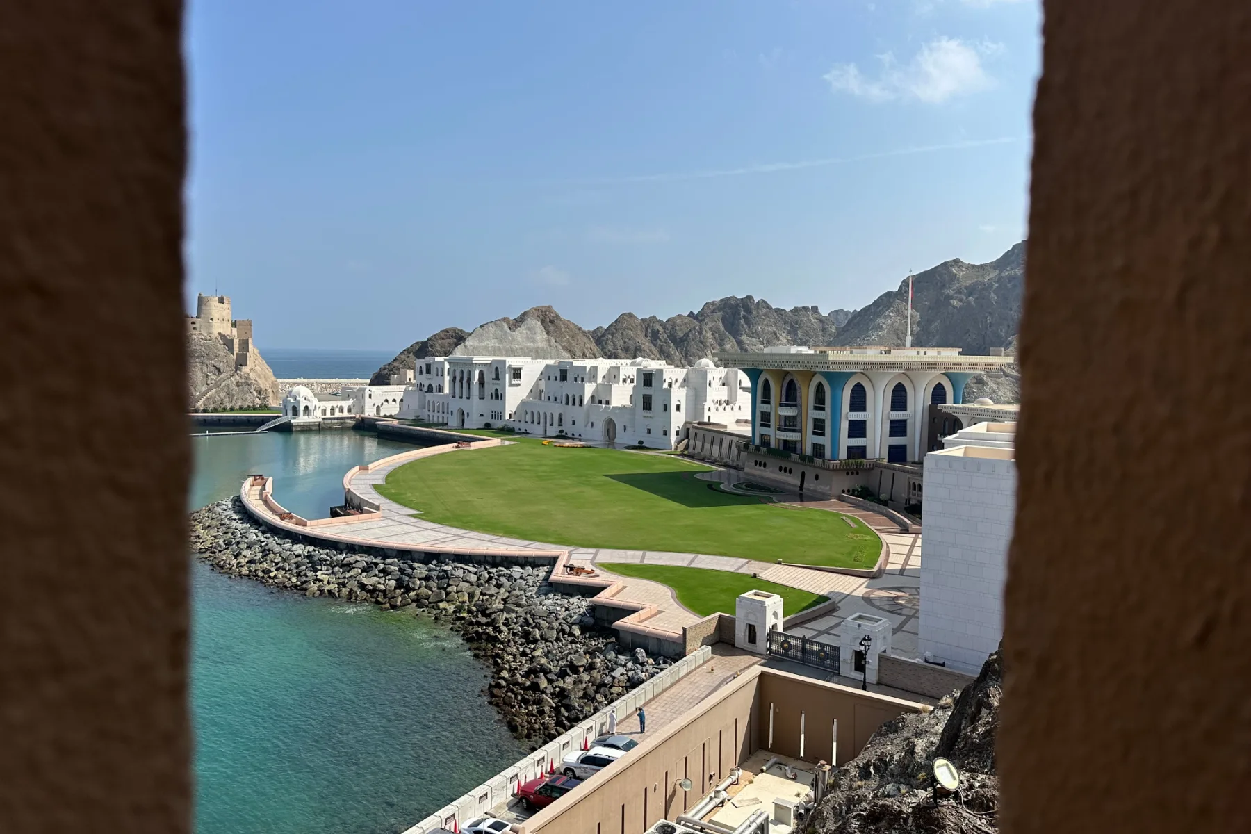 A view of the back of Al Alam Royal Palace from the battlements of Al Mirani Fort