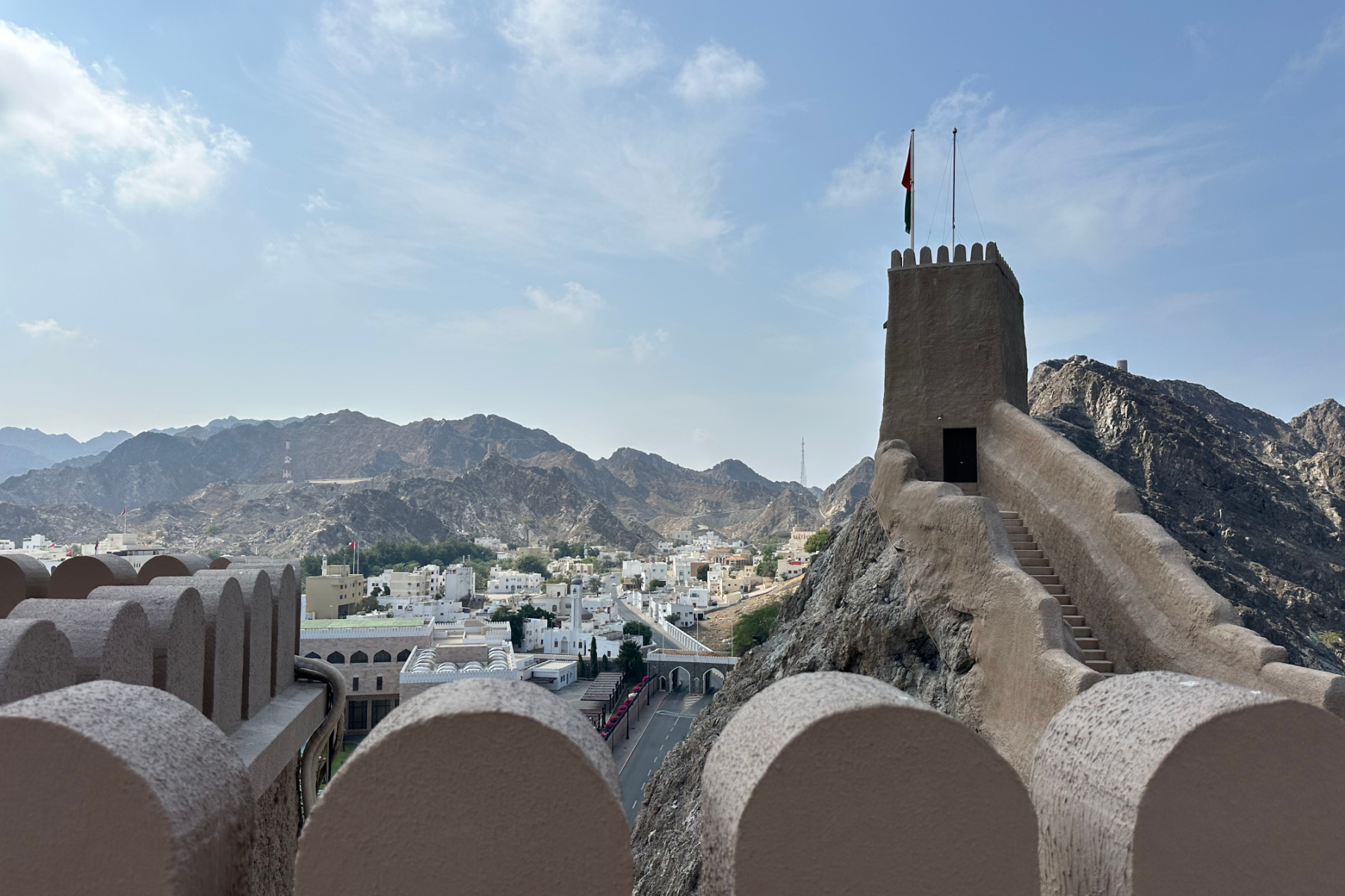 A view from the battlements of Al Mirani Fort overlooking the Ministry District and mountains
