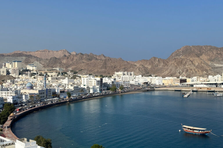 A view of Muttrah sea front from the fort. The old city stretches out towards the mountains
