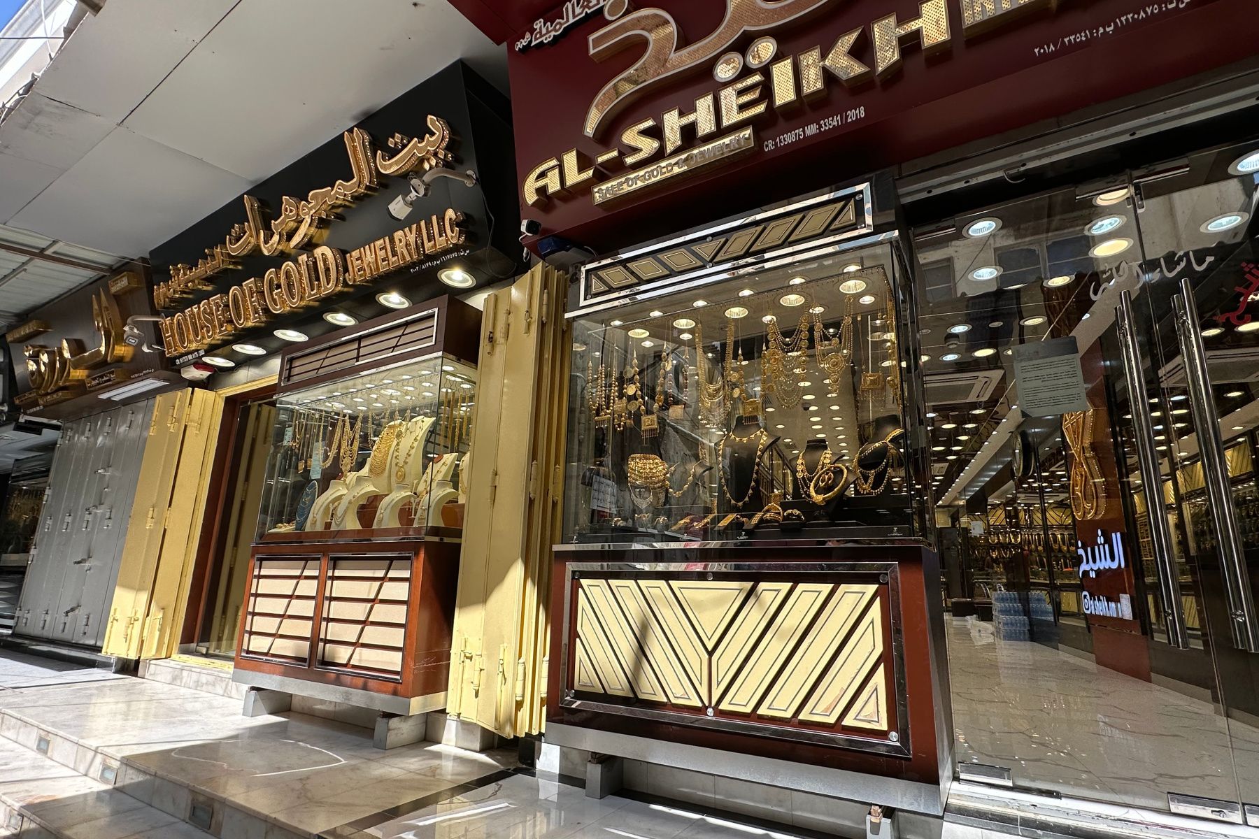 Gold shops with windows full of jewellery in Muttrah