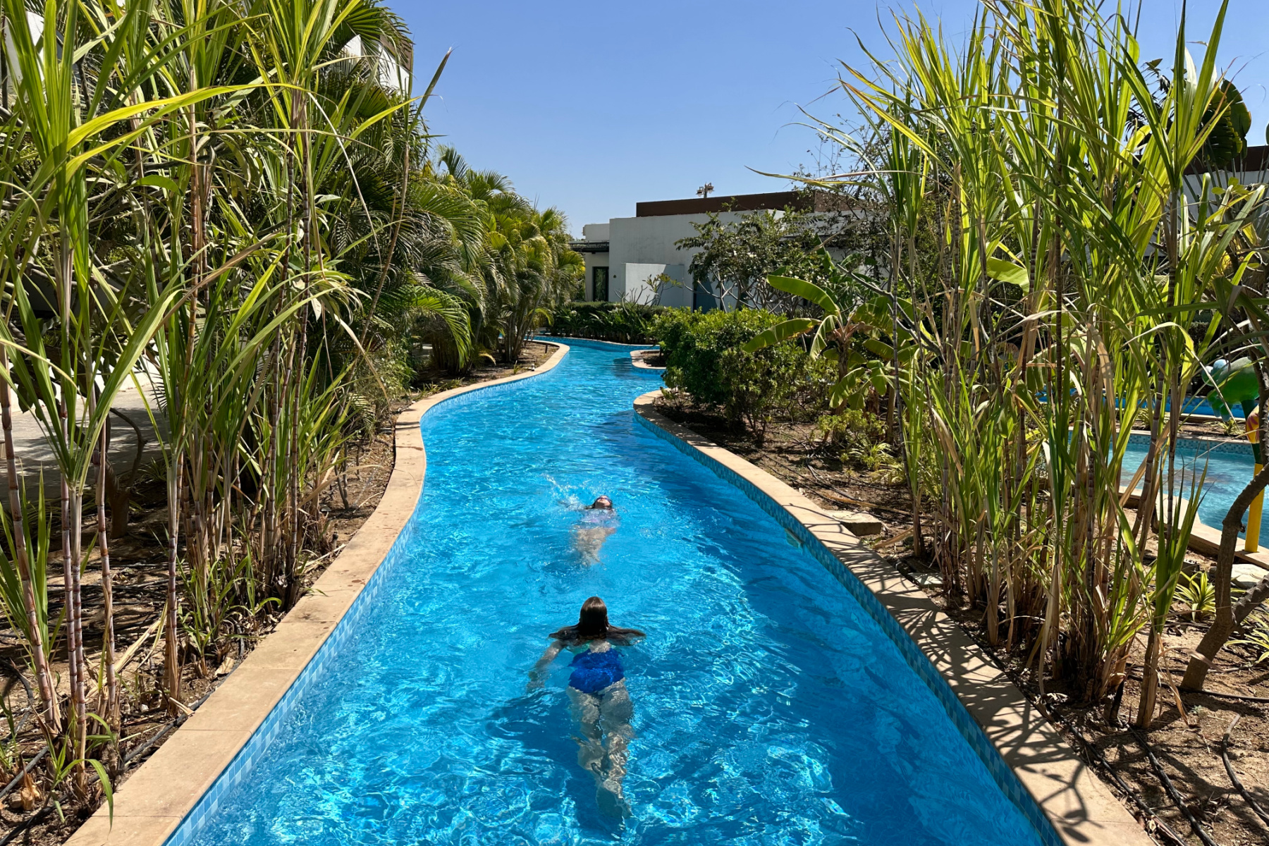 My children swimming in the lazy river at Millennium Resort Salalah