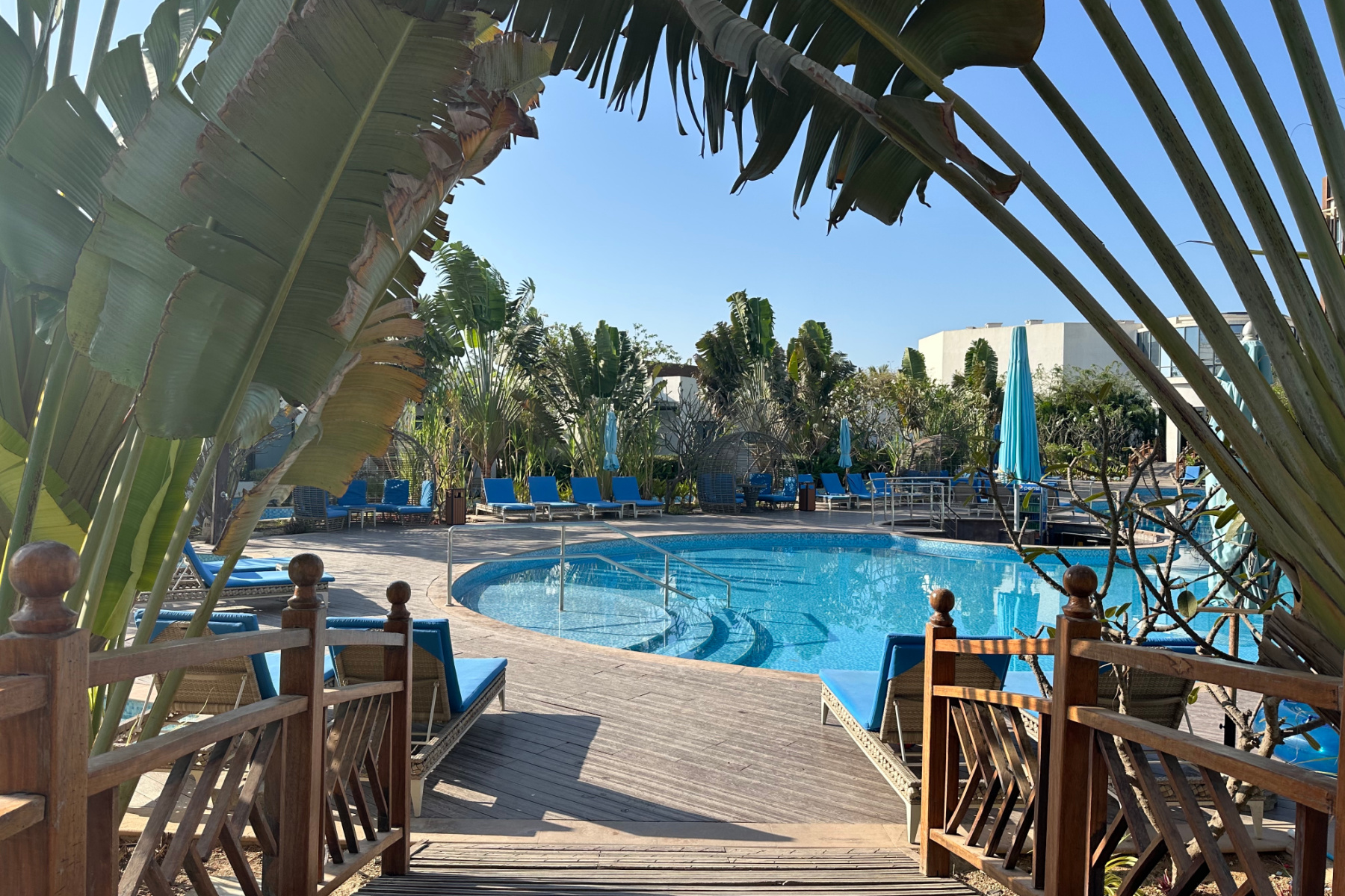 A view of the swimming pool from the bridge over the lazy river