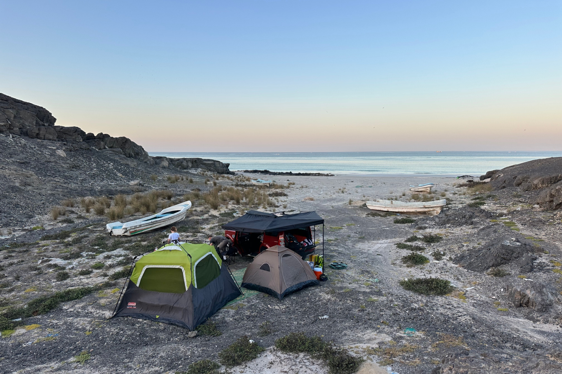 Our tents pitched in a cover at Ras Madrakah at dawn