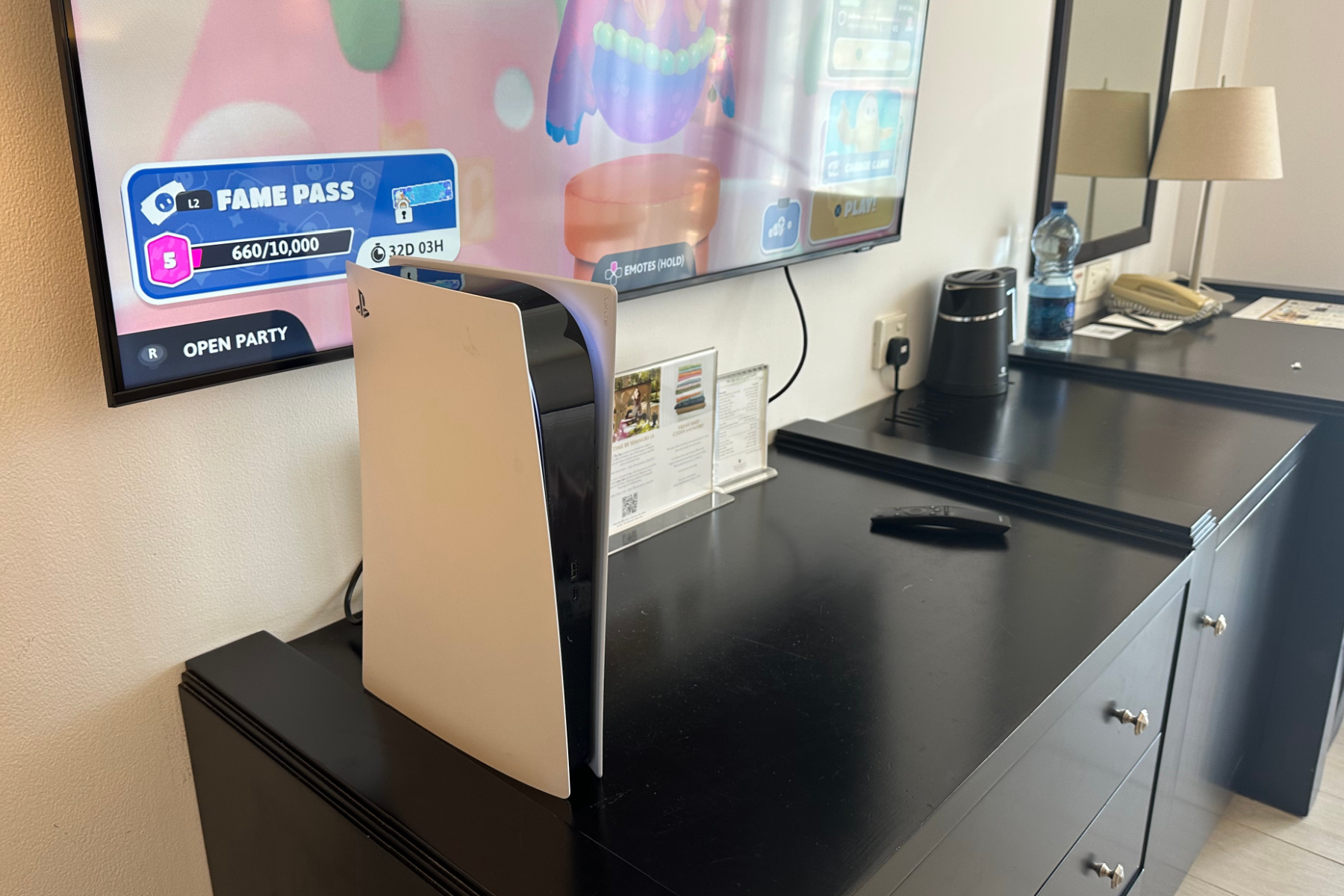 A Play Station games console in our hotel room