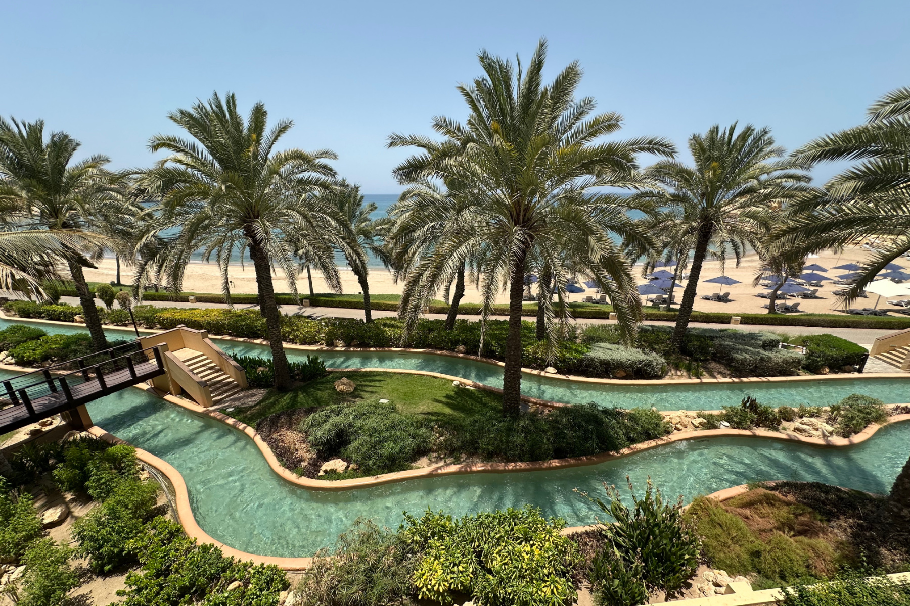 A view of the lazy river from our hotel balcony