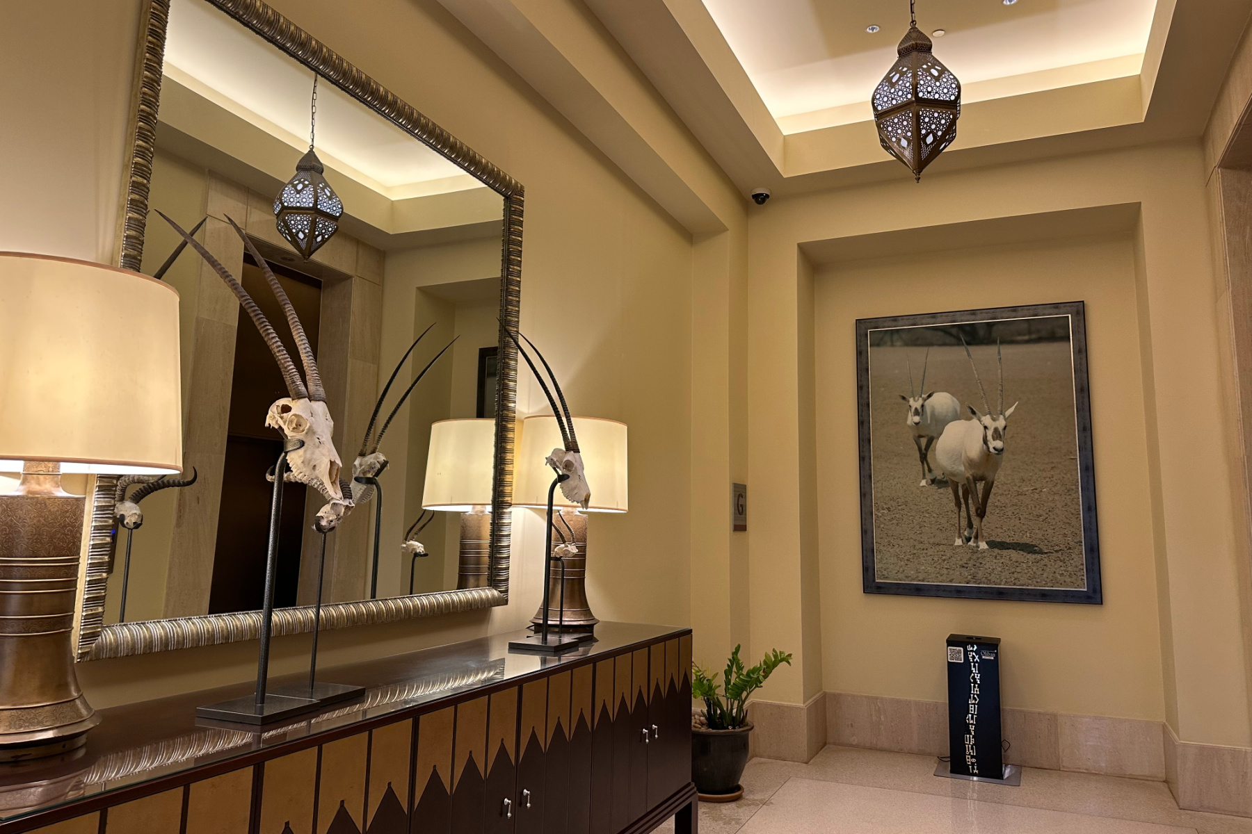 Arabian Oryx skulls on poles in the lift lobby of the hotel