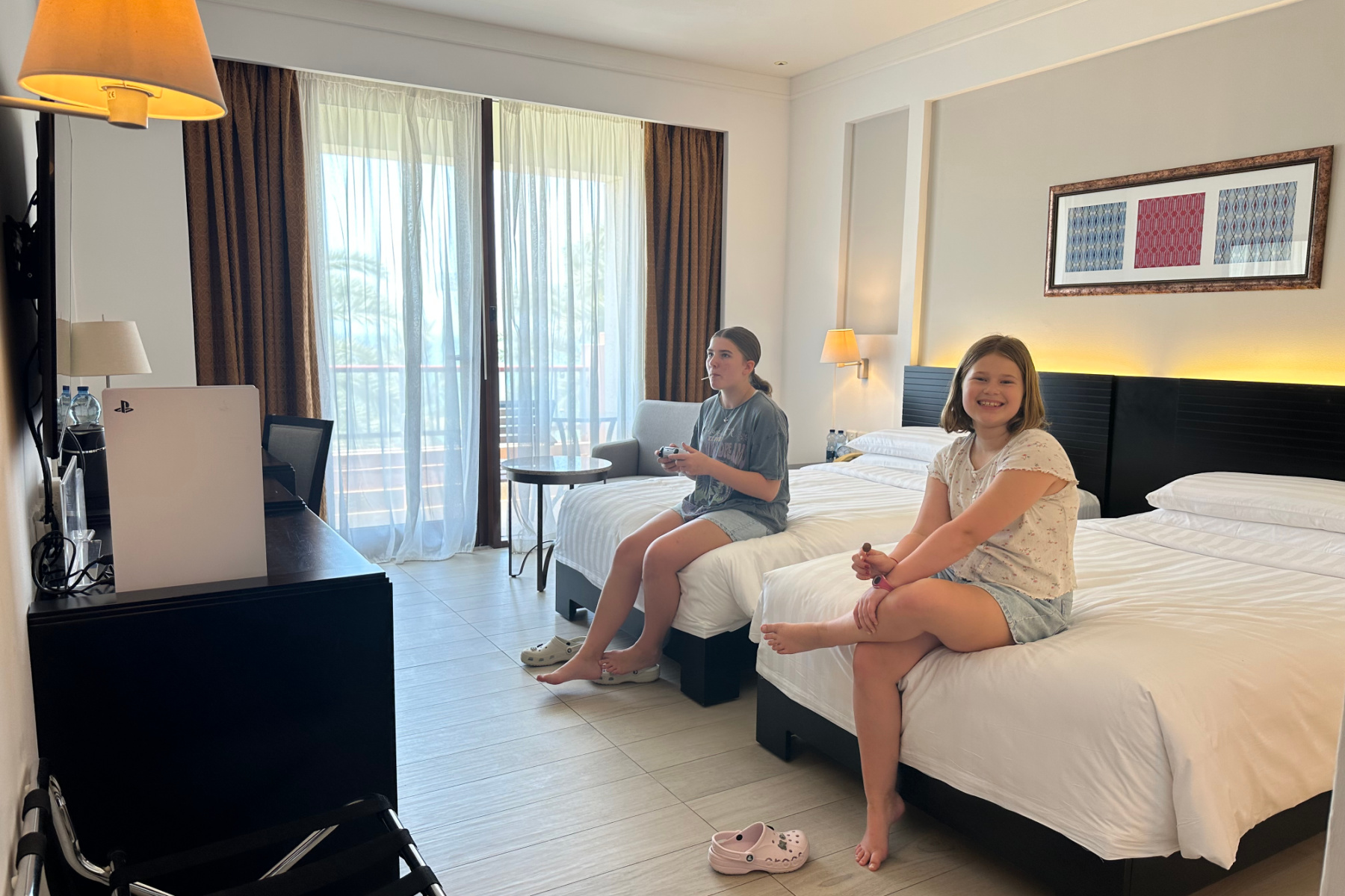 My children sat on the twin beds in out family room playing with the games console