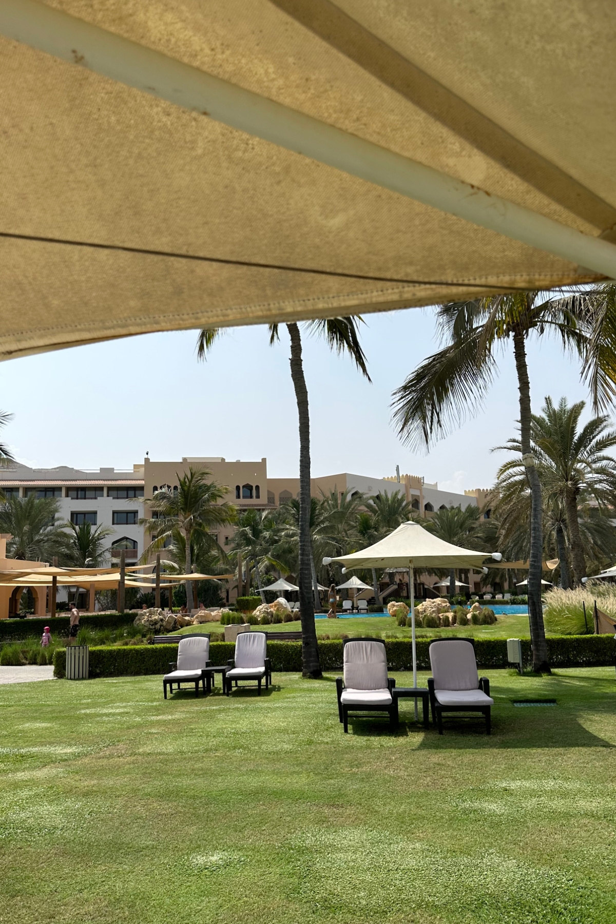 Sun loungers on the grassy lawn in front of the Hilton Al Bandar hotel in Muscat
