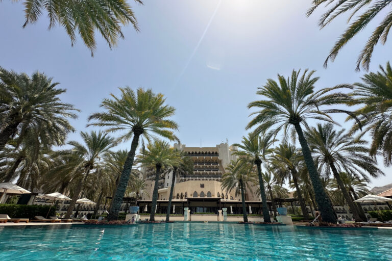 The Al Bustan Palace Ritz Charlton hotel in Muscat viewed from the infinity pool
