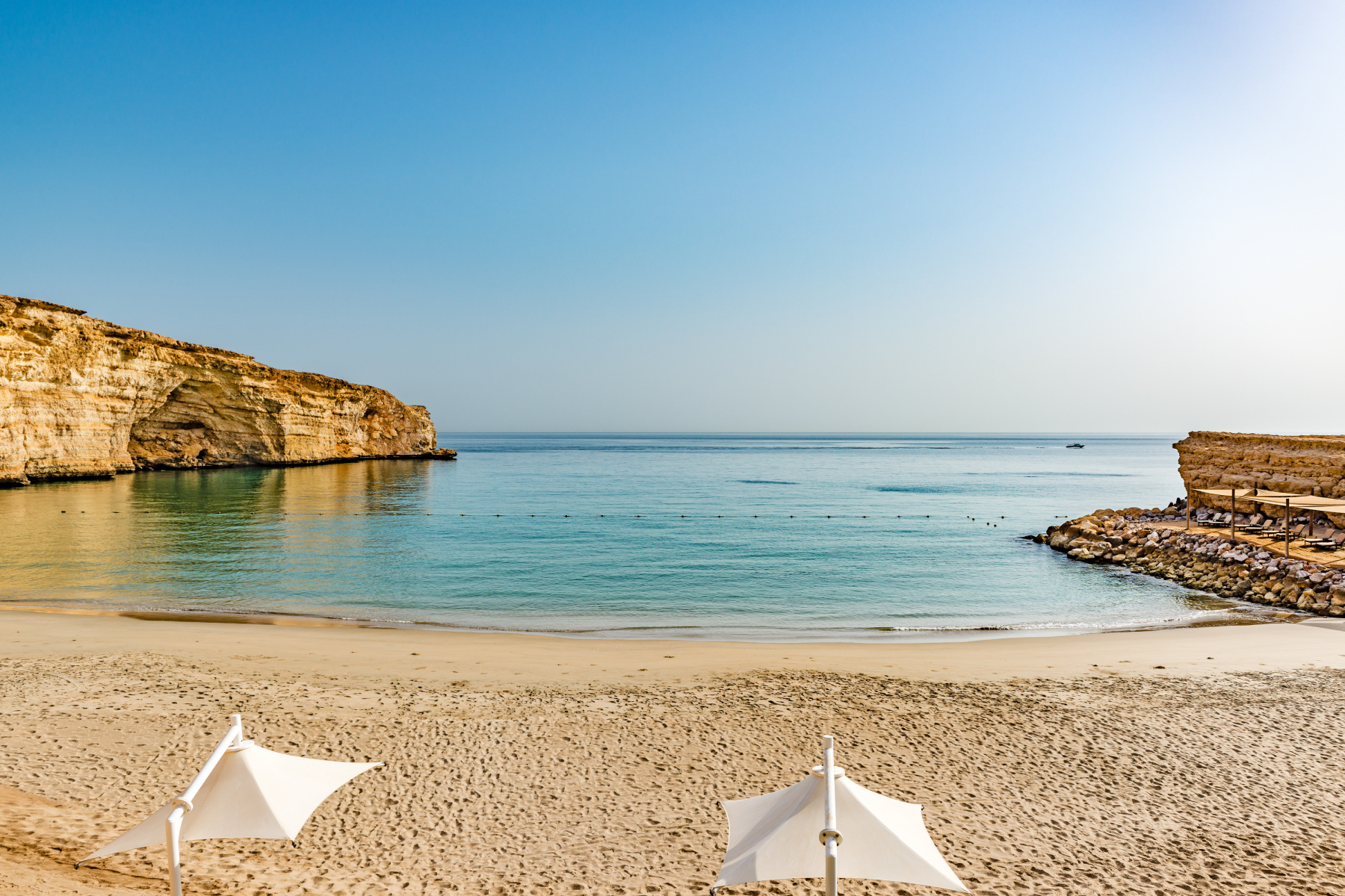 A view over the Gulf of Oman from the private beach of the Al Husn five star adult only hotel in Muscat