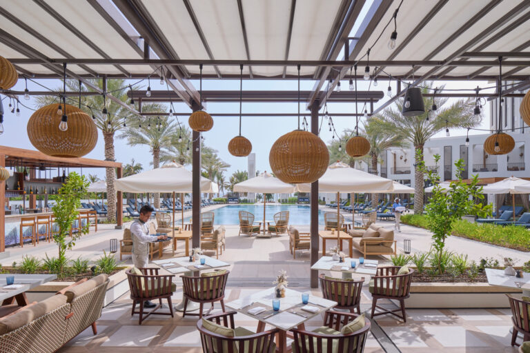A view of the terrace and pool at the Mandarin Oriental hotel in Muscat