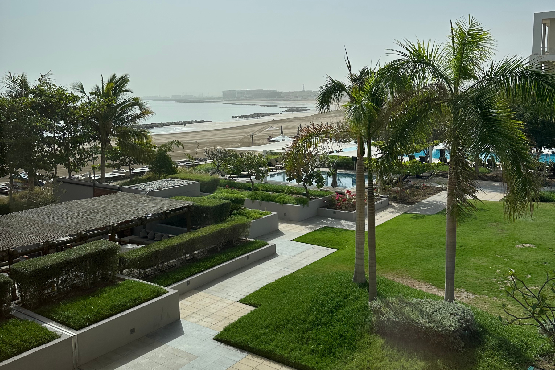 A view of the grounds of the Kempinski Hotel in Muscat looking towards the public beach at Al Mouj